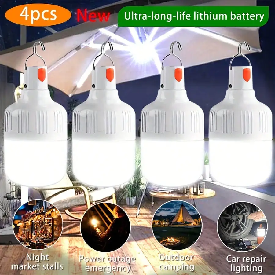 4 Ultra Bright LED Camping Portable Lights, USB Rechargeable Light Bulbs With Hooks, Portable Night Lights, White/Warm White Light Options, Suitable For Outdoor Barbecue, Parties, Emergency Situations, Hiking, Rechargeable Lights, 400mAh Battery