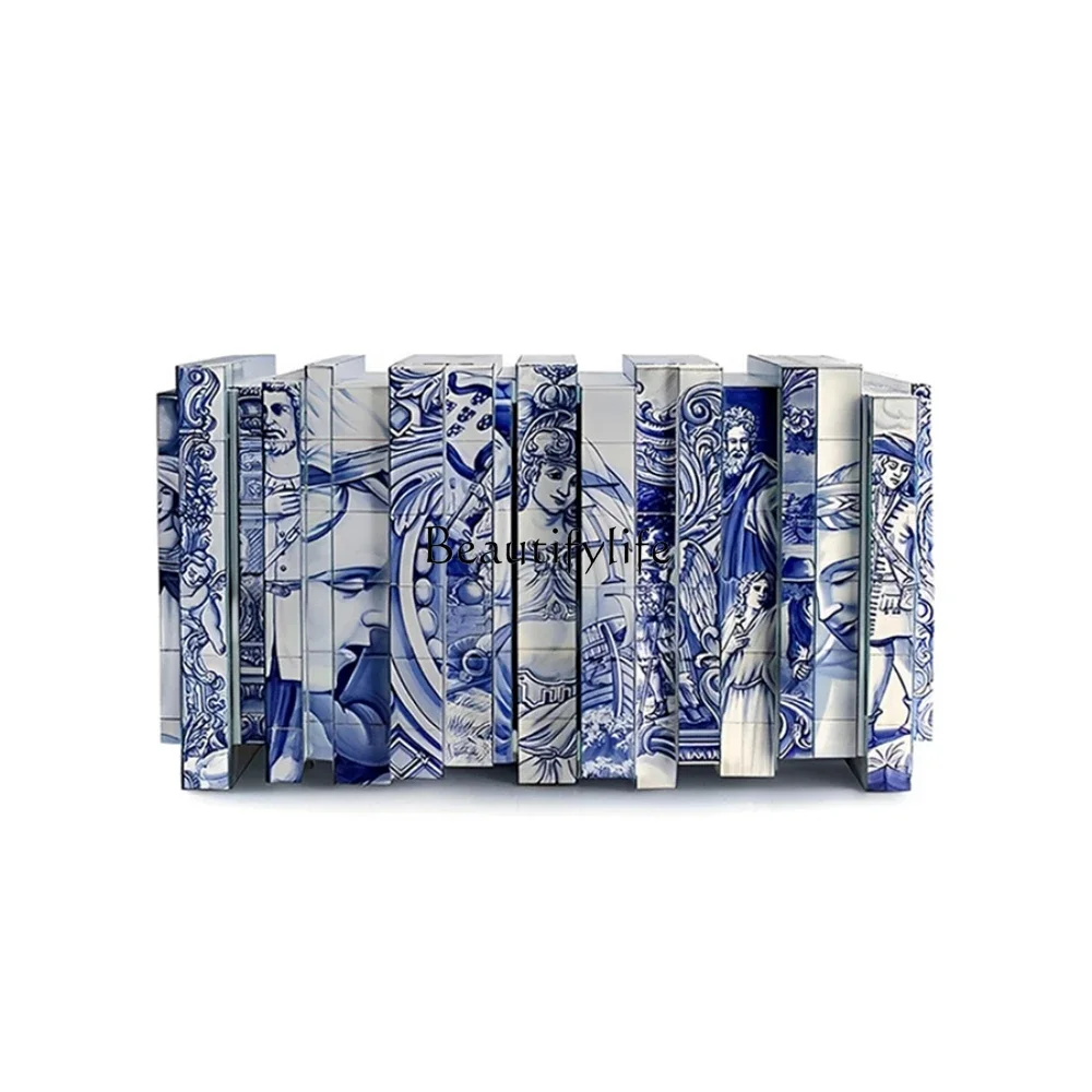 Creative hand-painted dining side cabinet, villa luxury home blue and white porcelain storage cabinet