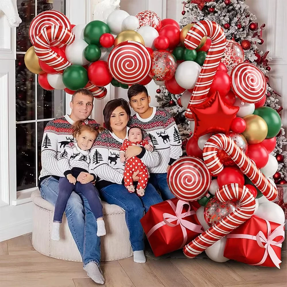 135PCS Christmas Balloon Set Candy Cane Aluminum Film Balloon Red Green White Christmas New Year Balloon Chain Arch Wreath Set