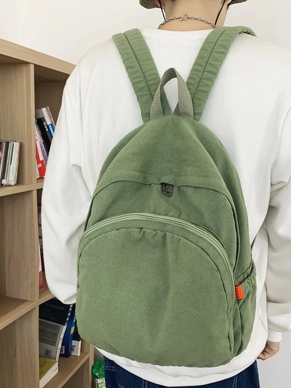 Retro  Tone Canvas Backpack Ladies Soft Washed Fabric Large Capacity Casual Daily Travel School Student Rucksack