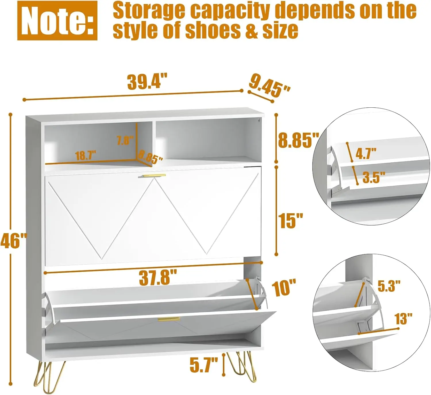 خزانة أحذية بيضاء كبيرة مقاس 46 بوصة مع درجين ورفوف مفتوحة، ومنظم مدخل ضيق
