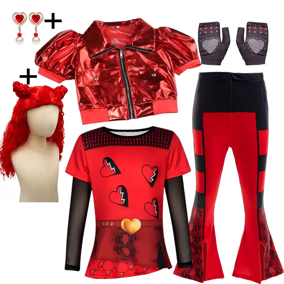 Costume de jeu de rôle Rouge Descendant 2026 pour filles, ensemble 3 pièces (Manteau + Robe + Pantalon évasé) pour Halloween, collection The Rising of Red