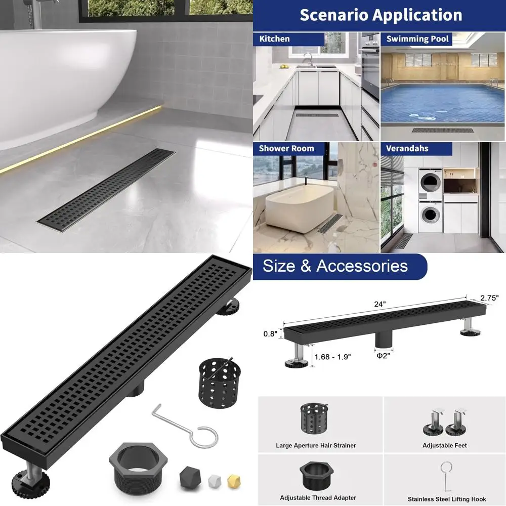 

24 Matte Black Linear Shower Drain with Removable Grate and Adjustable Feet for Bathroom and Balcony