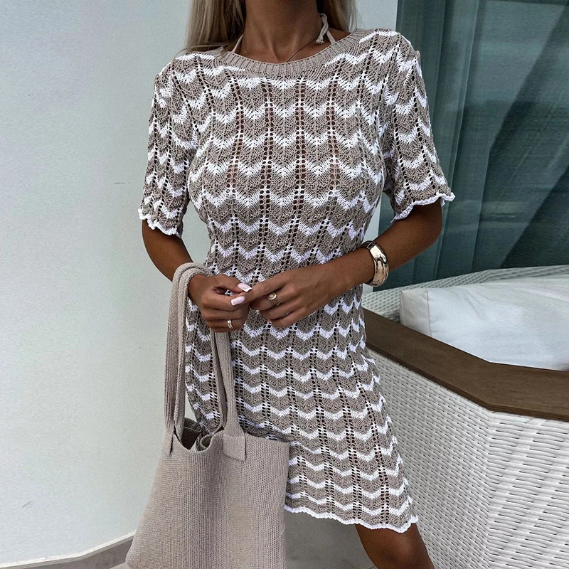 

Fashion Ladies O-neck Striped Printed Beach Dress Summer Casual Short Sleeved Slim Mini Dress Sexy Hollow Knitted Holiday Dress