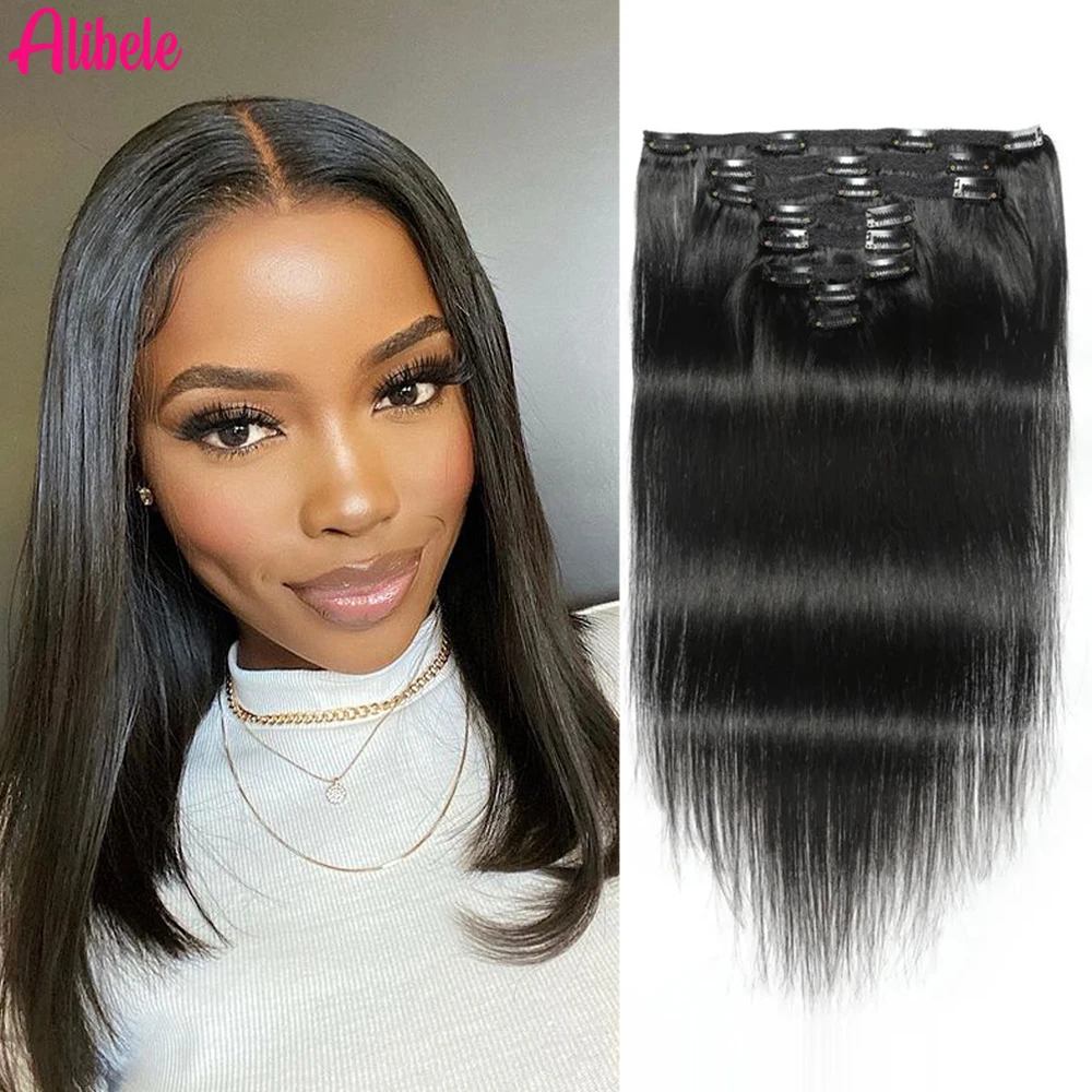 

Прямые человеческие волосы на заколке для наращивания волос 100% необработанные бразильские девственные волосы на всю голову натуральный черный цвет 8 шт. с 100 г