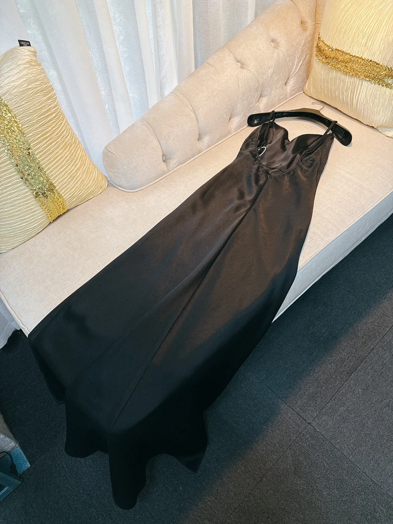 Sukienka retro Ele Bla satynowa, seksowna z dekoltem w serek, na ramiączkach, balowa, dla kobiet, z wysokim stanem, jedwabista, gładka, letnia suknia wieczorowa.