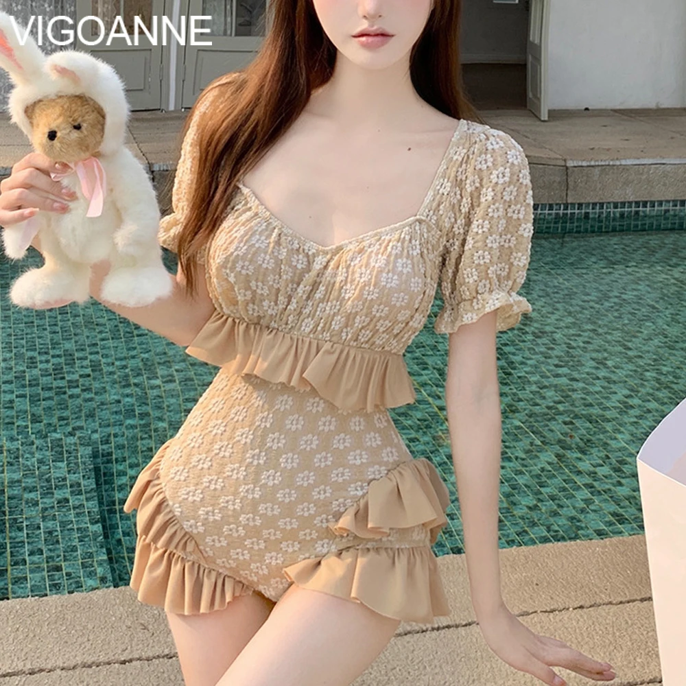 VigoAnne Print Short Sleeve Swimwear Women 2024 Sexy Verge Push UP One Piece Swimsuit Korean Closed Monokini Summer Bathing Suit