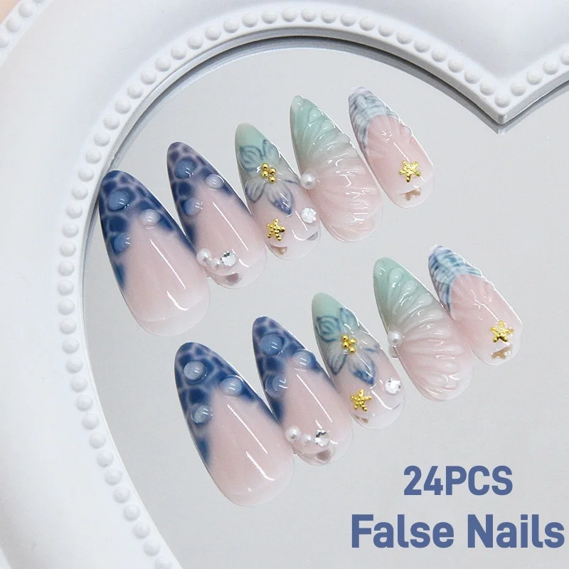 

24PCS Bubble Starfish Gradient French Fake Nails Retro Blue 3D Flower Press on Nails with Glue for Women Sweet Almond False Nail