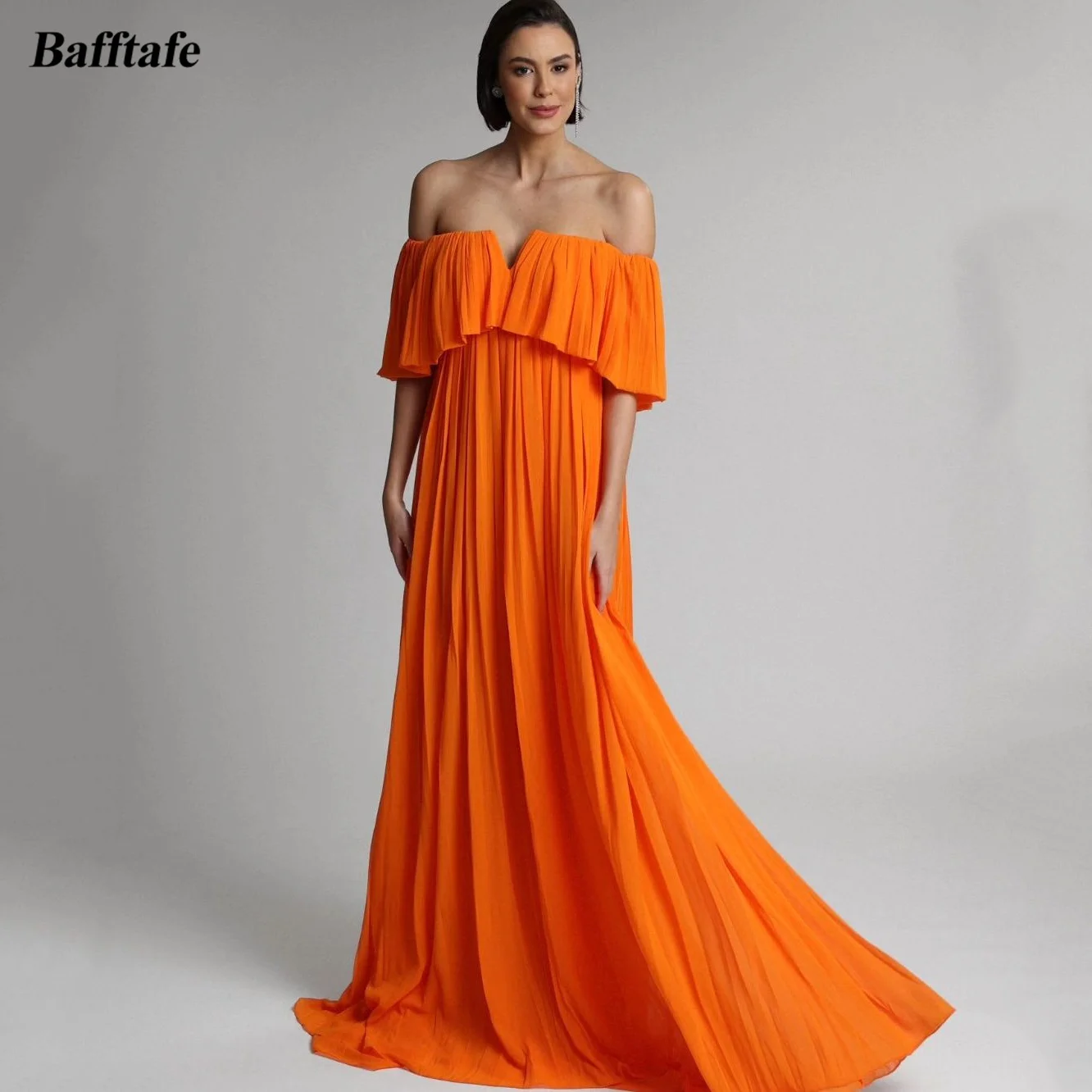 Bafftafe Orange Chiffon Long Prom Dresses Customized Arabic Off The Shoulder Formal Evening Dress Women Party Bridesmaid Gowns