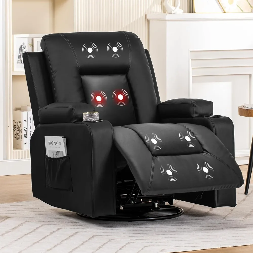 Massage and Heat Reclining Chair with Side Pockets, Cup Holders, Swivel Rocker Recliners for Living Room, Bedroom