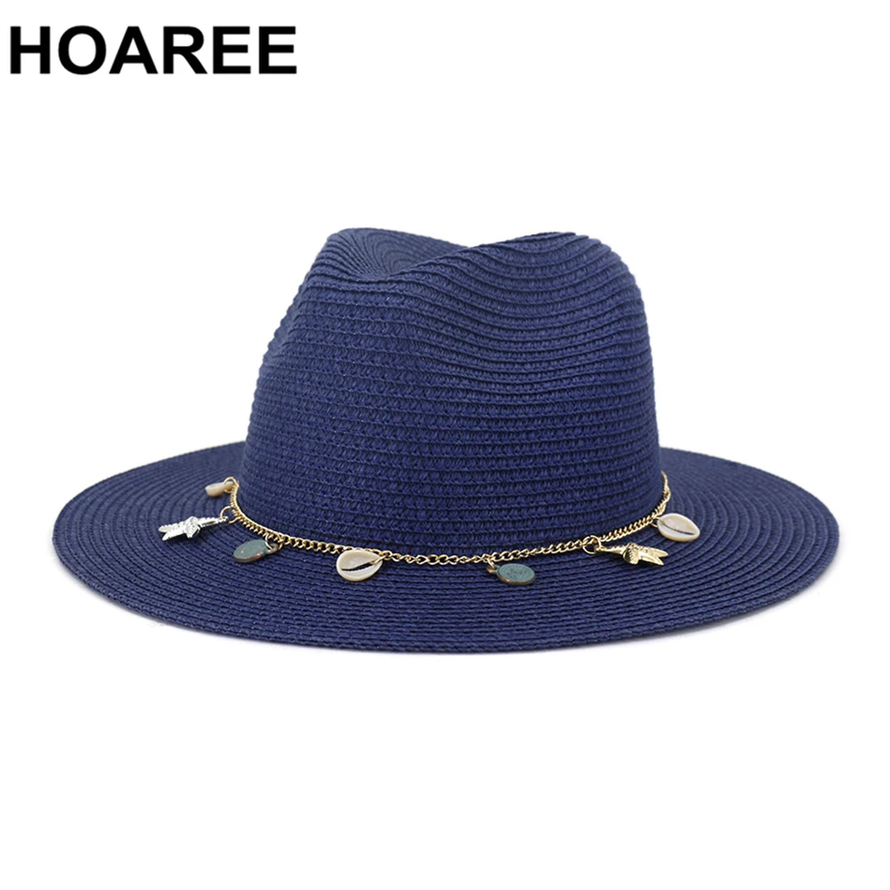 HOAREE White Panama Hat Women Summer Wide Brim Straw SunHat Ladies HatsTravel Beach British Style Brand New Female Fedora