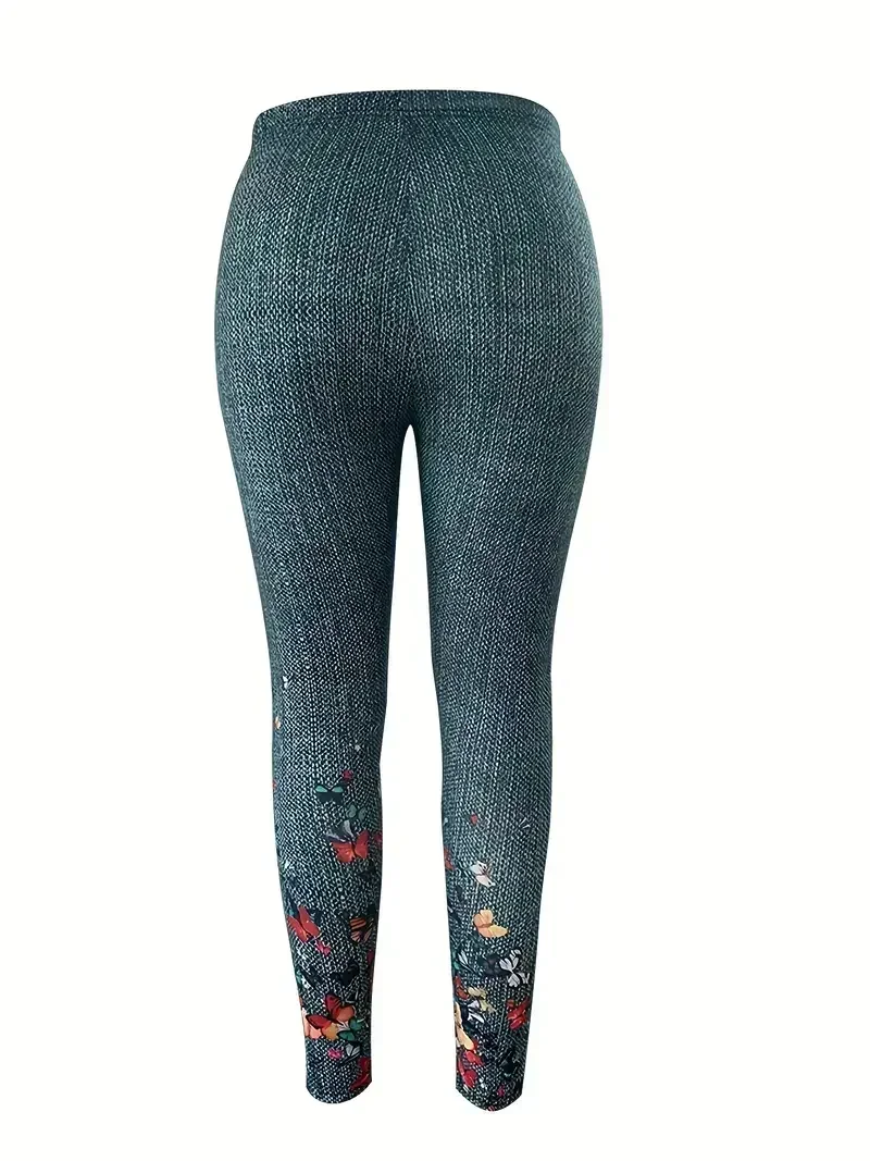 Damskie legginsy Plus Size 1XL-5XL na co dzień Damskie elastyczne legginsy z wysokim stanem i nadrukiem motyla Lekko rozciągliwe legginsy