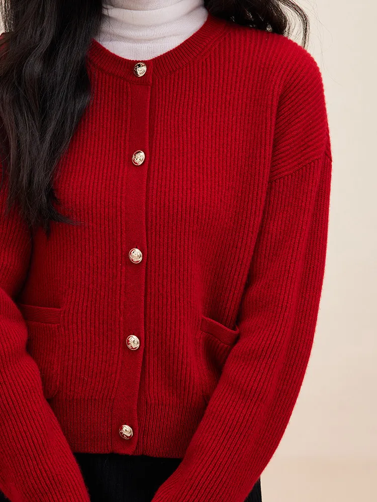 Special offer of 450g! 9-pin heavy-duty high-density, double-pocket gold buckle pure cashmere knitted cardigan jacket for women