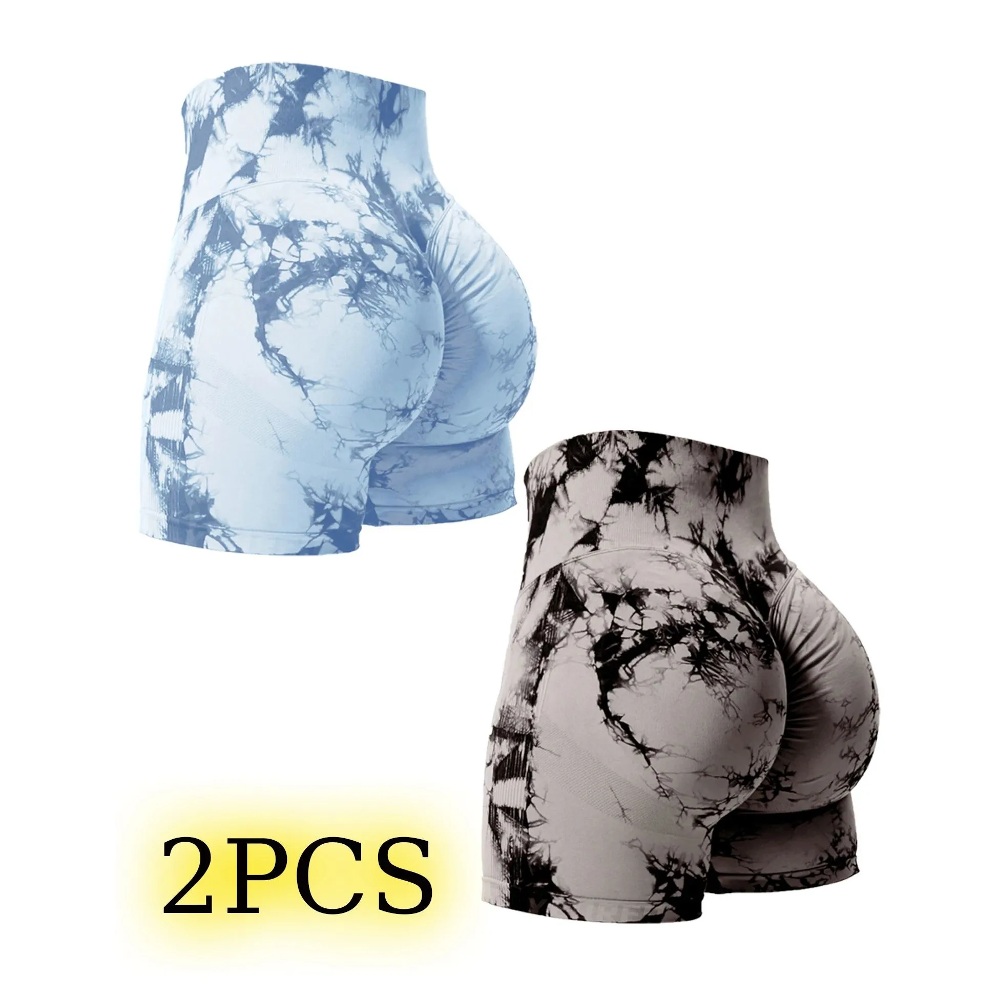 

2 шт. женских спортивных шорт с эффектом тай-дай, подтягивающие ягодицы, сексуальные, облегающие, эластичные, из ткани PU, модная спортивная одежда для женщин