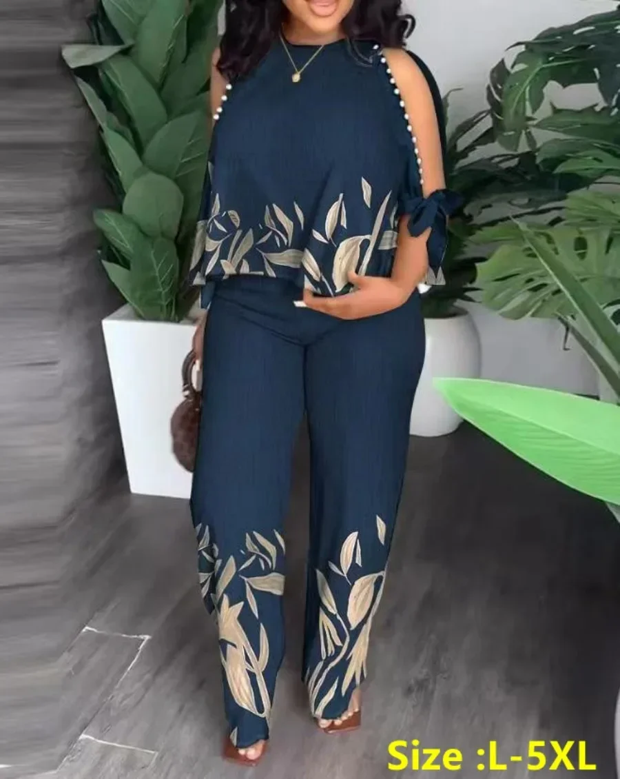 

2026 Women's 2 Piece Casual Sets Spring Summer 3/4 Sleeve O-neck Polyester Top Casual Straight Pants African Clothes for Women