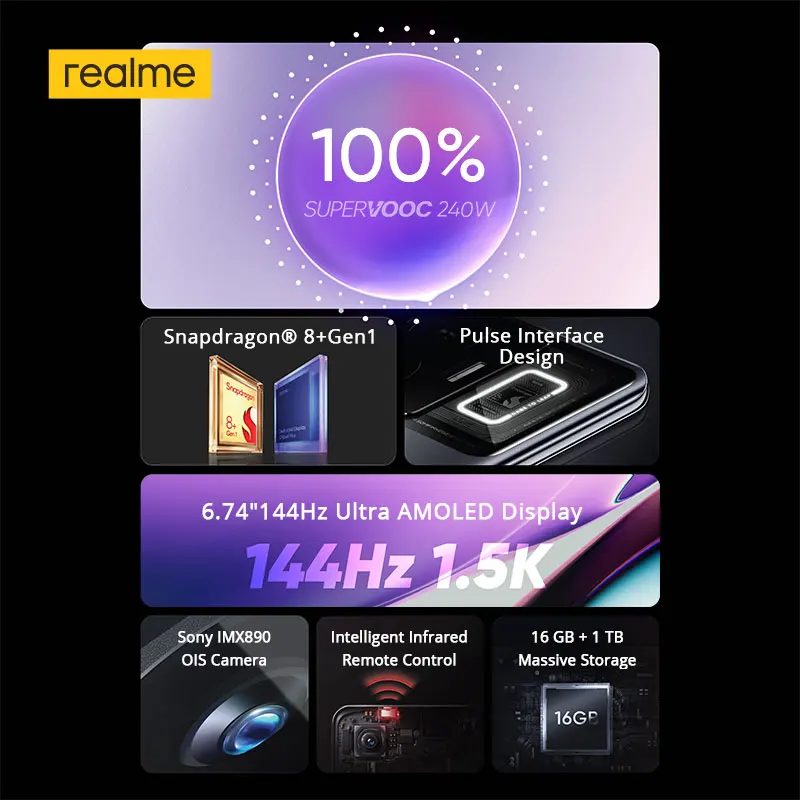 โทรศัพท์มือถือรุ่นรัสเซีย GT3 Realme สมาร์ทโฟน5G 6.74 "1.5K ULTRA AMOLED DISPLAY 8 + Gen1 240W supervooc Charge 50MP NFC