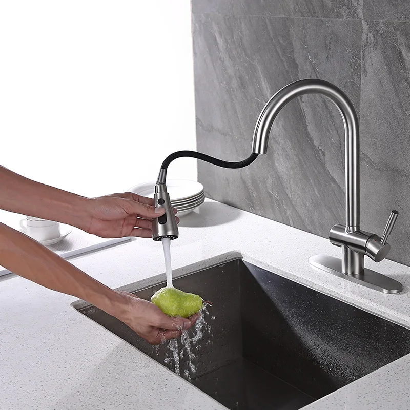 

Brushed Nickel Pull out Kitchen sink faucet One Hole Single handle Cold hot water Popular design Kitchen Tap Dual mode spray