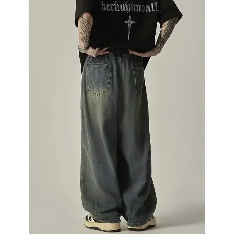 الأمريكية شارع العليا عارضة العصرية كسول نمط فضفاض واسعة الساق مستقيم الساق الطابق طول السراويل الربيع والخريف خمر الرجال الجينز