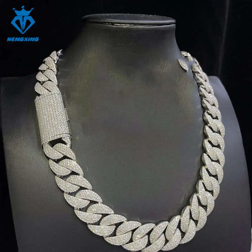 Process Jewelry 18mm 925 Silver Ice Out Mossinate Diamond Cuban Chain Necklace Men Stainless Steel Cuban Link Chain