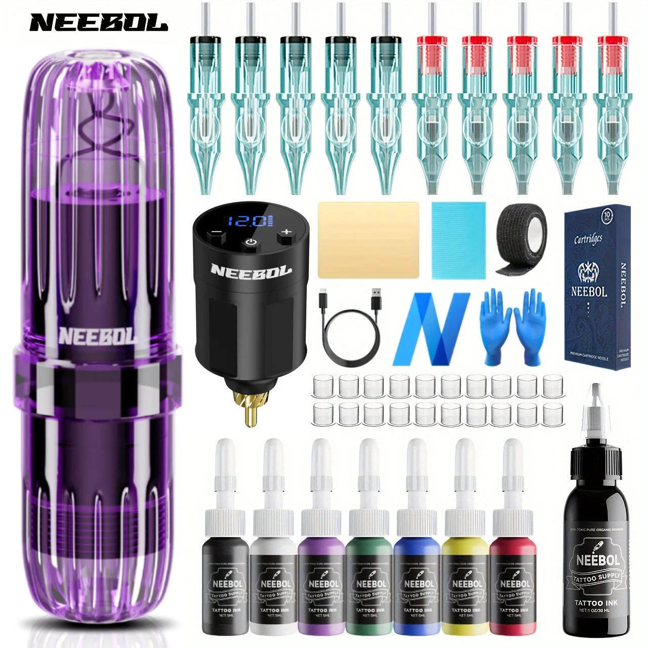 Wireless Tattoo Pen Kit Neebol Complete Tattoo Machine Kit Supply With Tattoo Cartridge Needles, Tattoo Inks and Tattoo Power