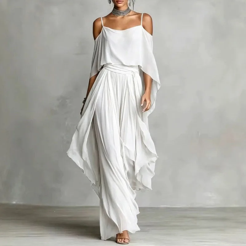 Women Cold Shoulder Two Piece Outfits Spaghetti Strap Top High Waist Wide Leg Pants Set Elegant Flowy Formal Evening Party Suit