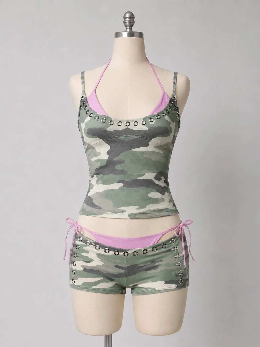 Women's Punk Camouflage Tank Top And Shorts Set with Halter Pink Inner Bikini Y2K Grunge Streetwear 2Pcs Outfit Rivet Eyelet Two