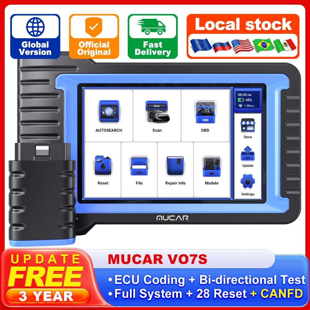 MUCAR VO7S Car Diagnostic OBD2 Scanner CANFD Full System 28 Reset ECU Coding Actuator Test IMMO ABS Brake Auto Diagnose Tools