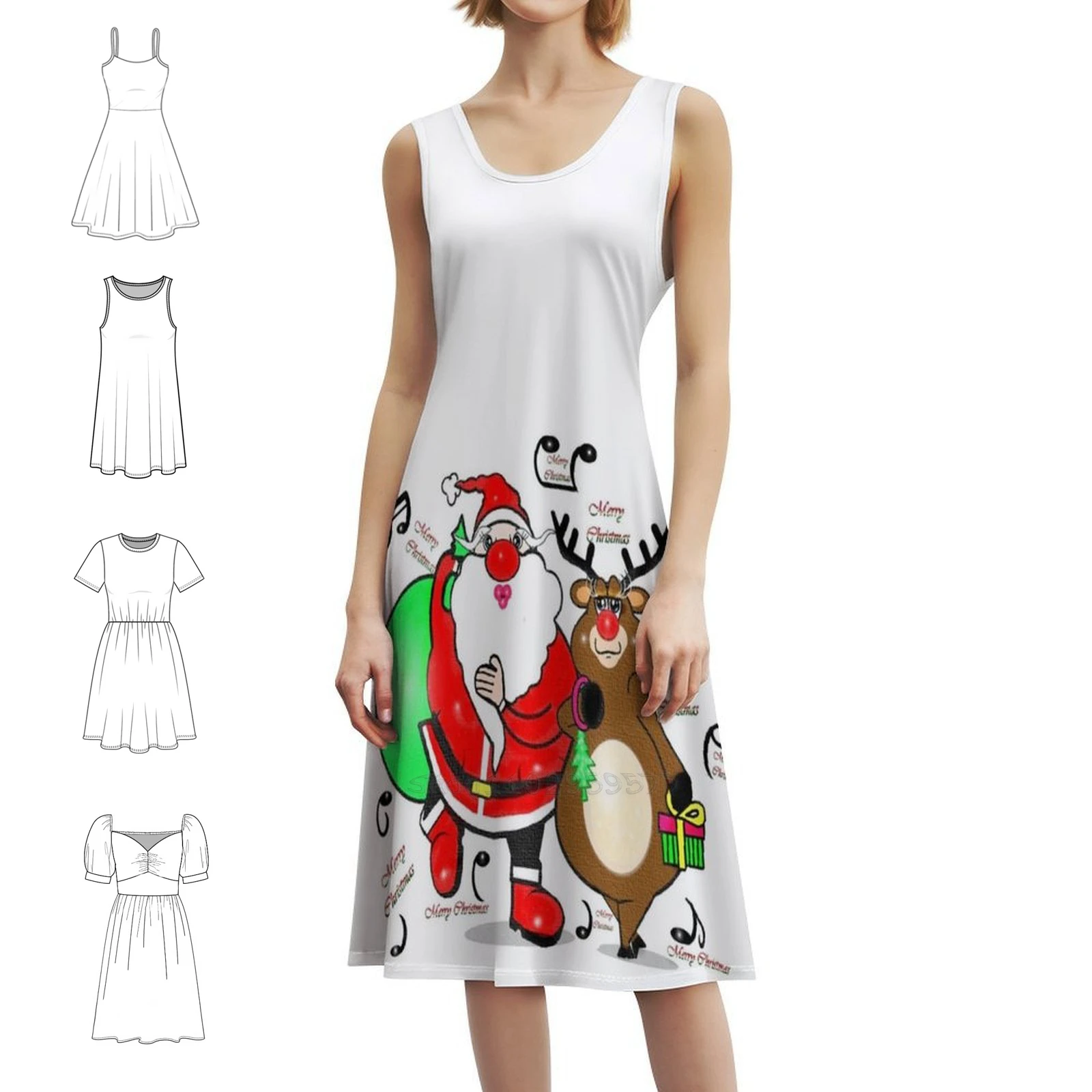 

С Рождеством-Дед Мороз и оленями, мини-платье в консервативном стиле для женщин, свободное повседневное платье трапециевидной формы с Рождеством
