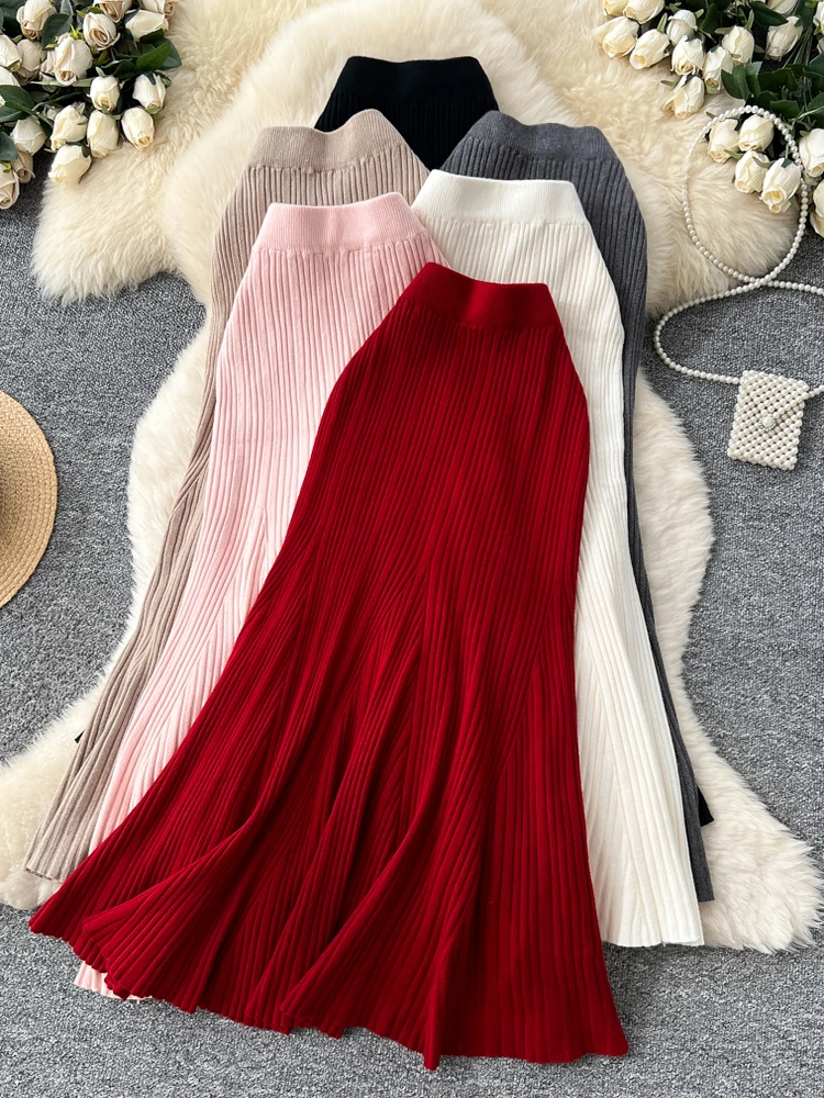 Elegant Sweater Halter Skirt Women's Spring Autumn Loose Waist Slimming Elastic Fish Tail Vertical Stripe City Commute Skirts