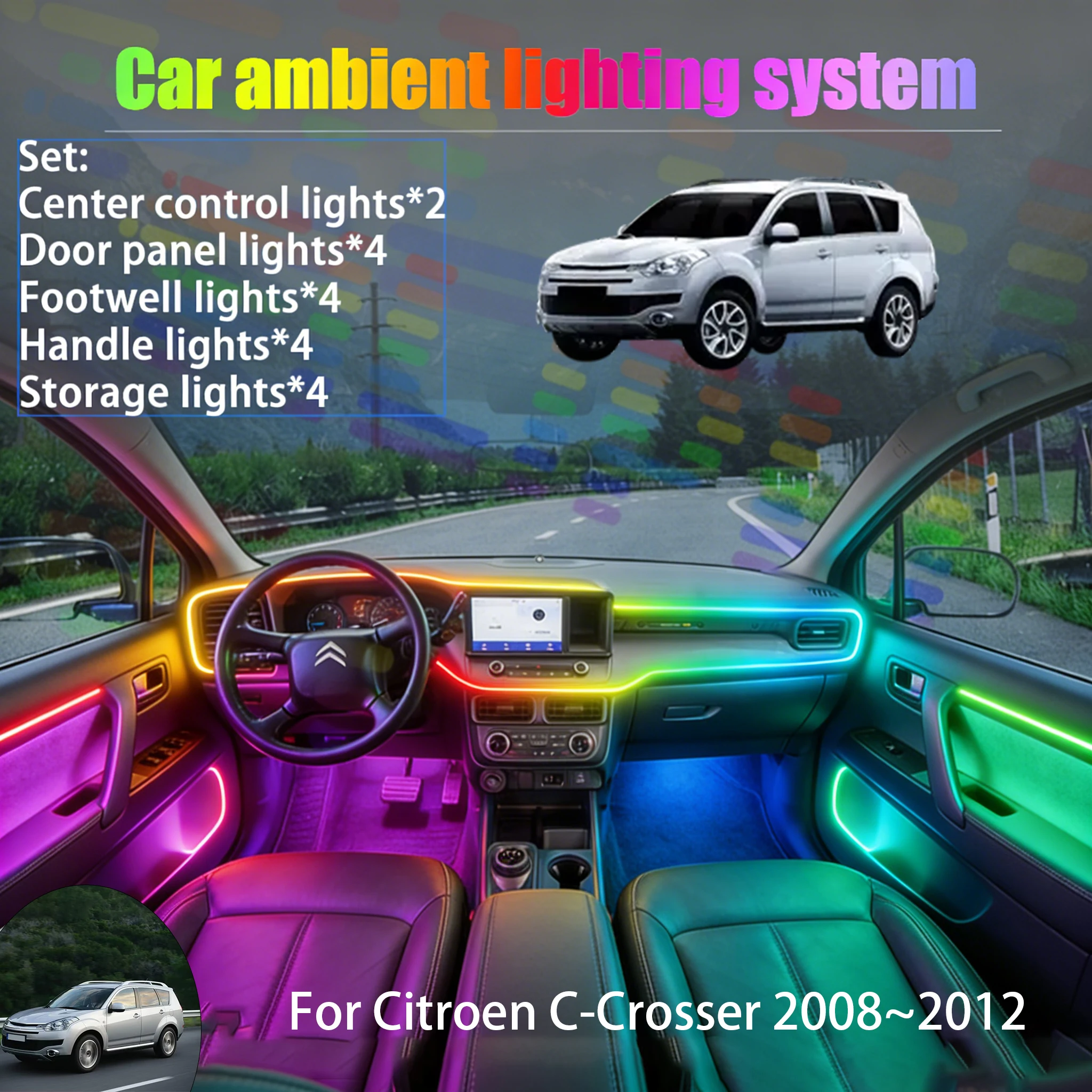 

Для Citroën C-Crosser 2008~2012: Комплект светодиодной подсветки салона и багажника 2/18 в 1, USB RGB, с эффектом бегущей строки, автозапчасть