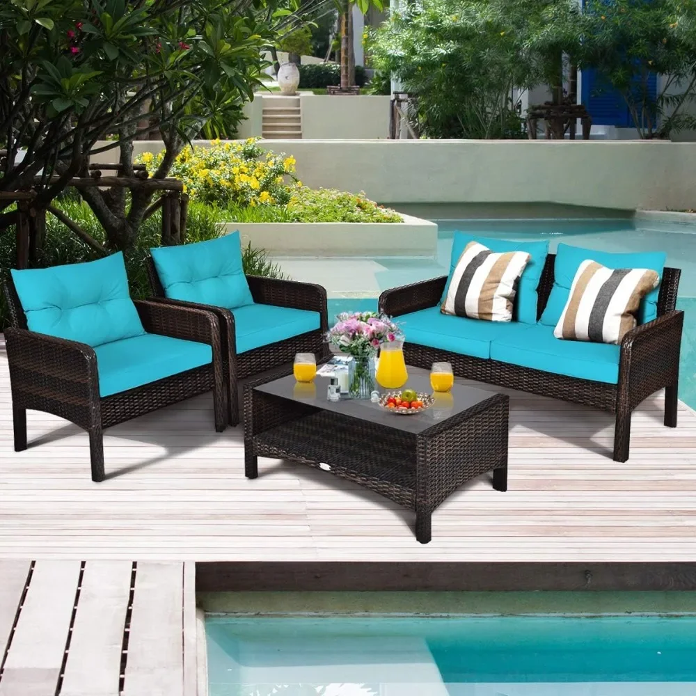 

4 Piece Patio Furniture Set, Outdoor Wicker Conversation Set with Glass Top Coffee Table, All Weather Proof and Thick Cushions