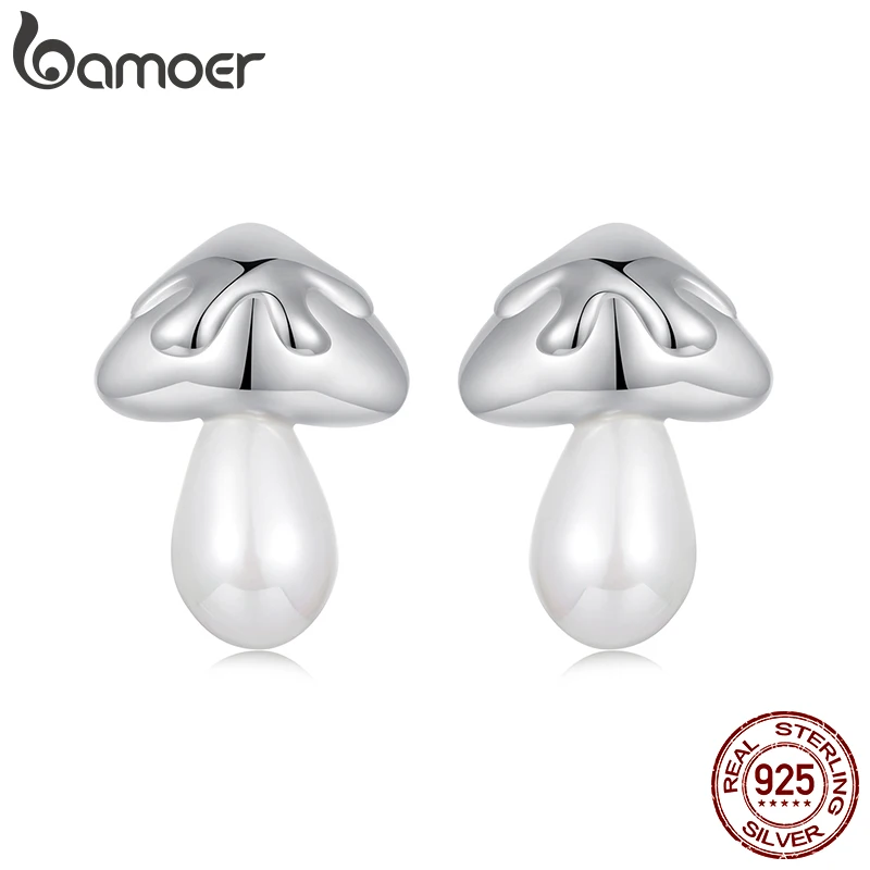 BAMOER Freshwater Pearl Mushroom Stud Earrings, Hypoallergenic 925 Sterling Silver Dainty Cute Earrings for Women SCE1819