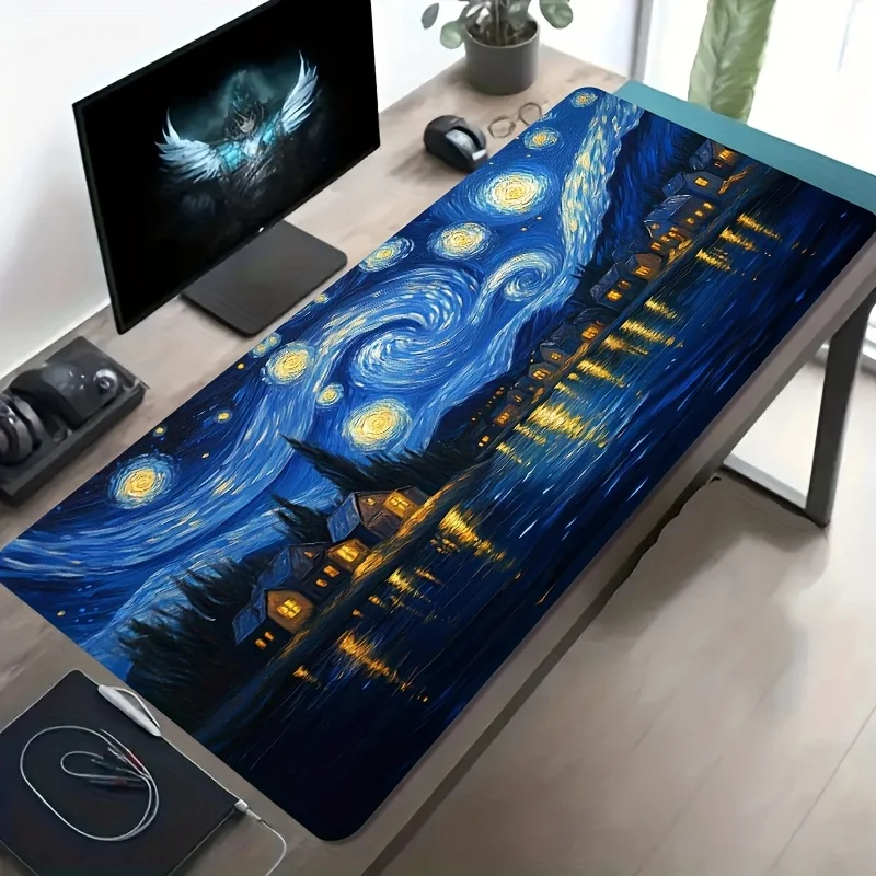 Starry Night Oil Painting XXL Gaming Mouse Pad Large Desk Mat Non Slip Washable Rubber Base PC Laptop Gamer Gift