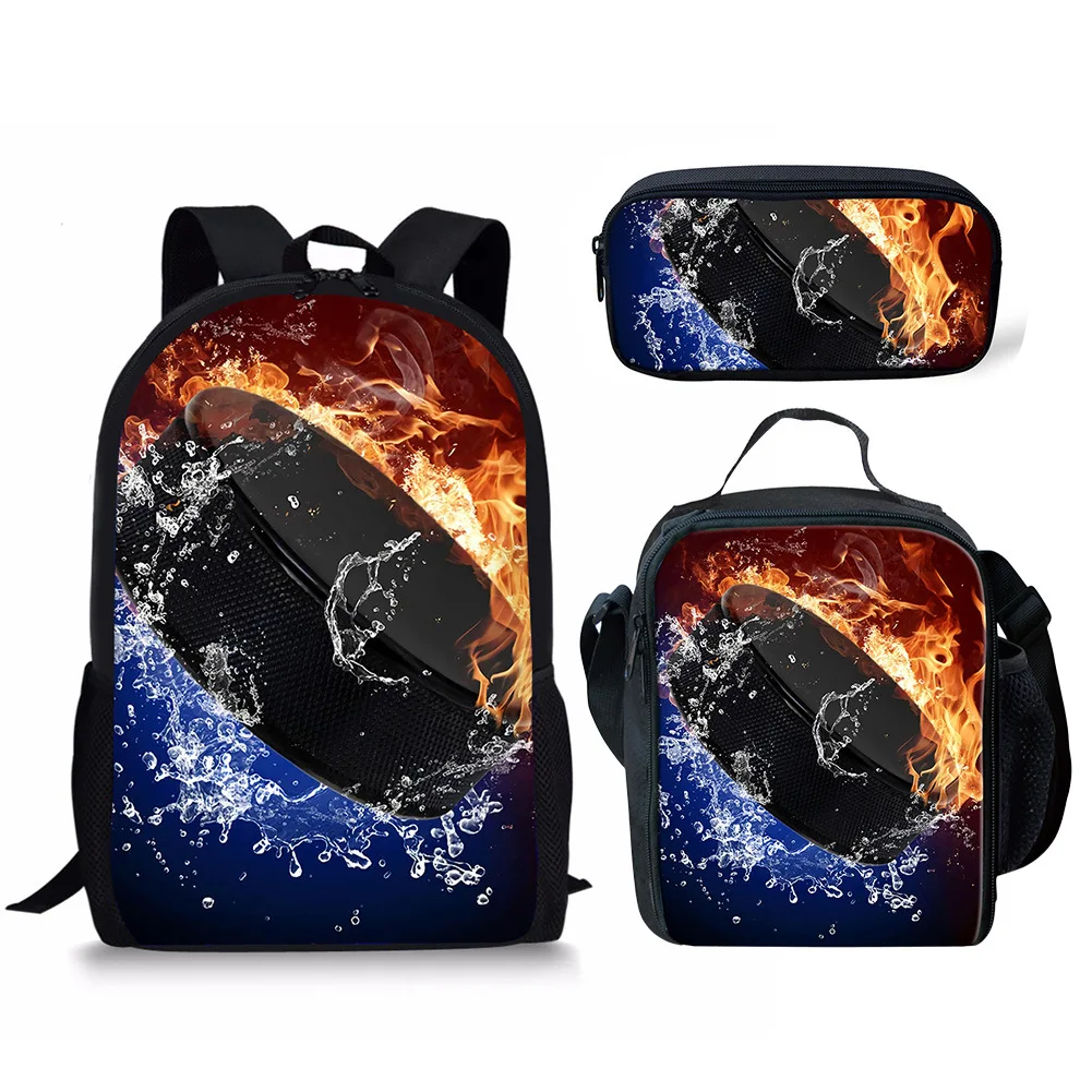 ยอดนิยม Cool Ice fire Hockey ball 3D พิมพ์ 3 ชิ้น/เซ็ตนักเรียนโรงเรียนกระเป๋าแล็ปท็อป Daypack กระเป๋าเป้สะพายหลังอาหารกลางวันกระเป๋าดินสอกรณี