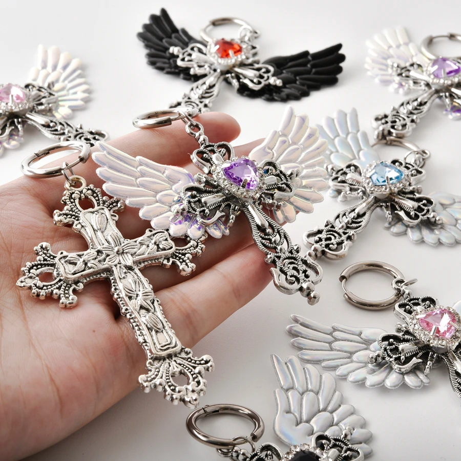 1Pair Punk Harajuku Inlaid Rhinestone Cross Aesthetic Hoop Earrings Dark Cool Goth Halloween Angel Wing Y2K Girl Aretes Jewelry
