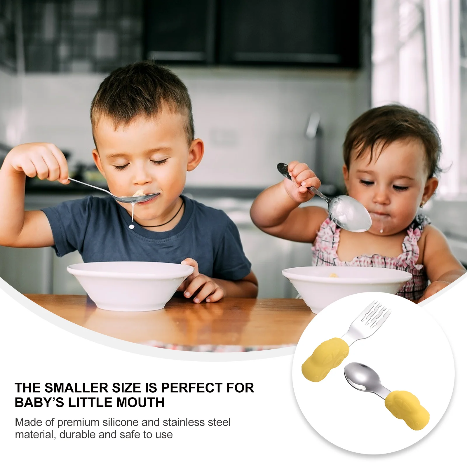 

1 пара детской обучающей посуды, вилка, ложка, силиконовая посуда из нержавеющей стали для малышей, посуда для детей