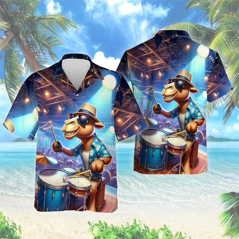 Camelos do Deserto dos homens impresso 3D camisa havaiana, camisa de praia padrão animal, blusa casual de lapela manga curta, camisas Aloha soltas