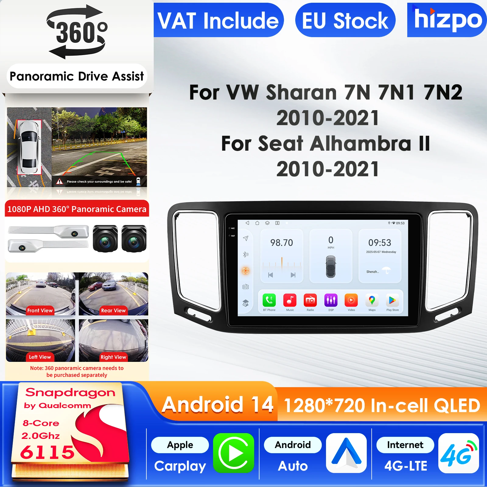 Hizpo 9 Zoll Android 15 Auto-Navigationssystem für VW Sharan SEAT Alhambra 7N 2010-2022 Kabelloses Carplay 360°-Kamera AI-System 9 Zoll Intelligenter Auto-Bildschirm QLED-Display Automotive Head Unit