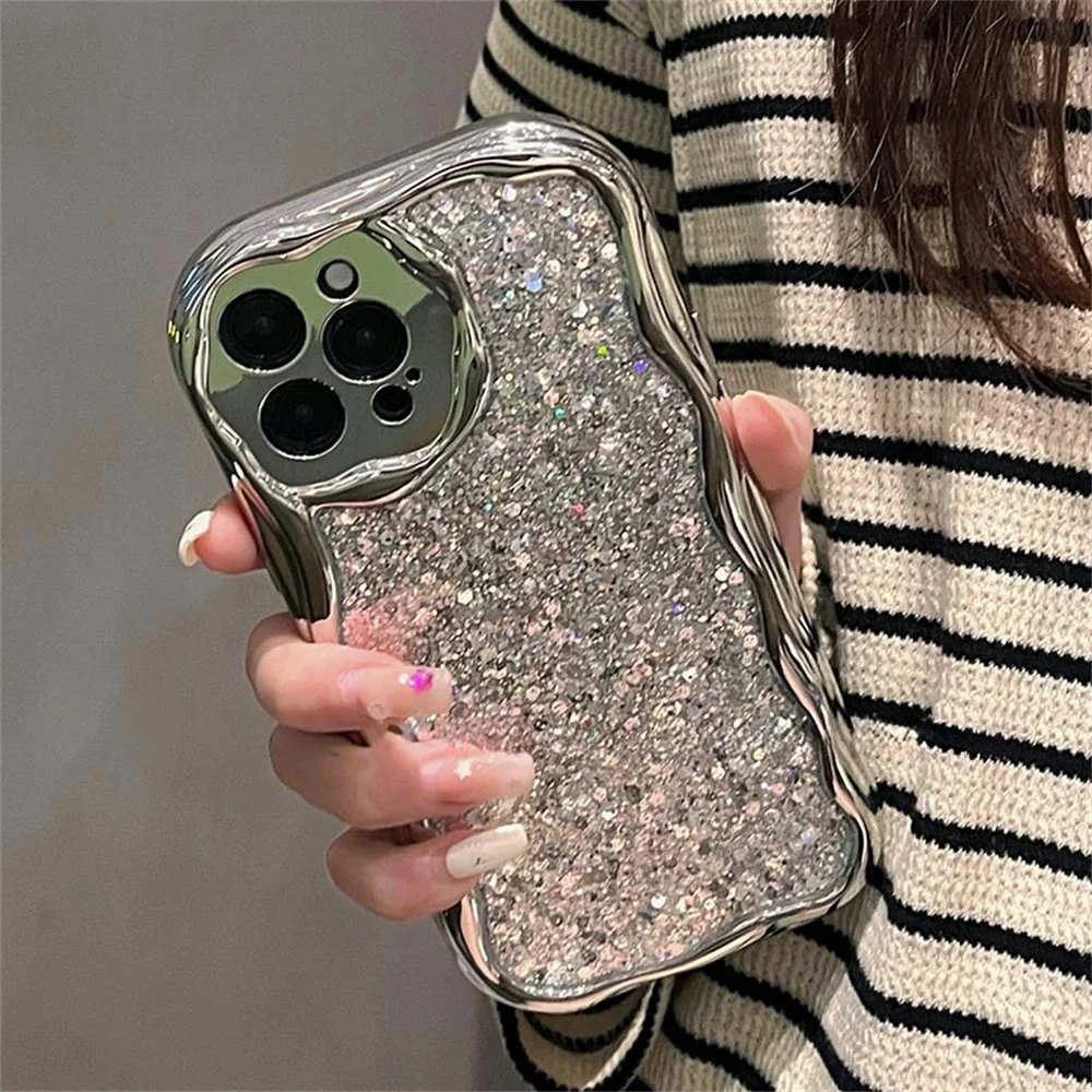 Luxury Bling Silver Plating Wavy Phone Case For iPhone 15 14 13 12 11 Pro Max X XR XS Glitter 3D Epoxy Shockproof Bumper Cover