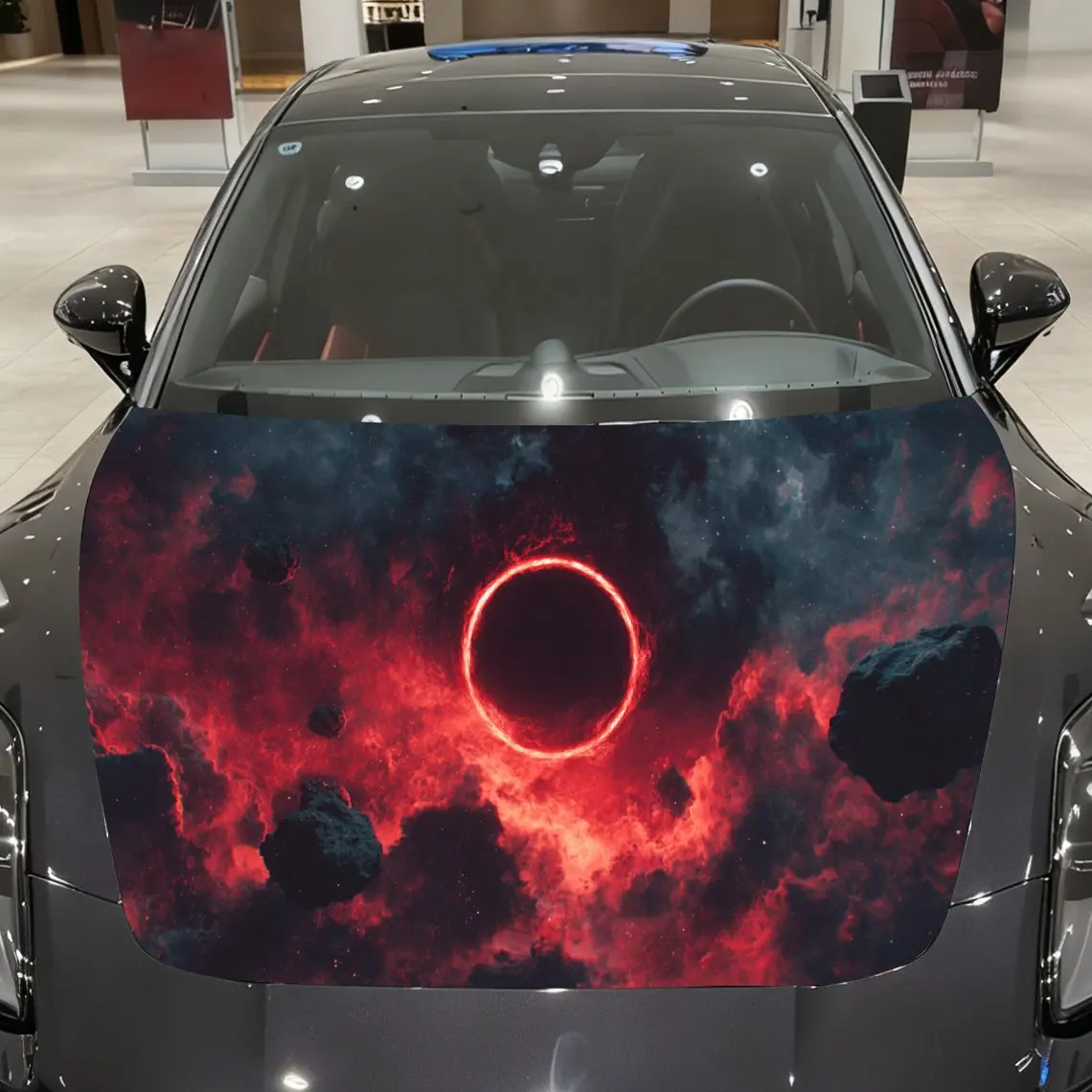 

Red Flame Nebula Black Hole Car Vinyl Wrap, PVC Material Waterproof Car Hood Sticker, Self-Adhesive Scratch-Resistant Stickers f