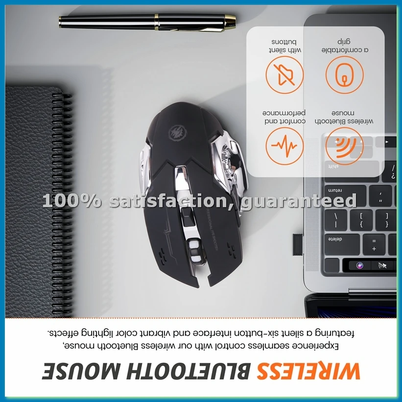 

Бесшумная беспроводная мышь USB, перезаряжаемая, для игр, Bluetooth-мышь для ПК и ноутбуков, черная