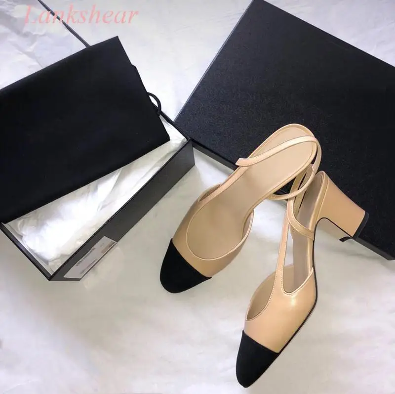 Summer New Women's Classic All-Match Color-Blocked Pink Plain Round Toe Ankle Strap Slingbacks Thick Heel Light Pumps Shoes