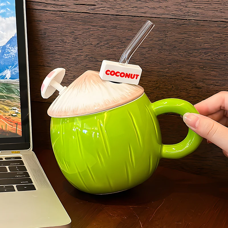 

Cute Coconut Coffee Cup Kawaii Ceramic Mug With Lid For Tea Matcha Milk Water Juice Lovers Breakfast Cup Birthday Gift 130ml