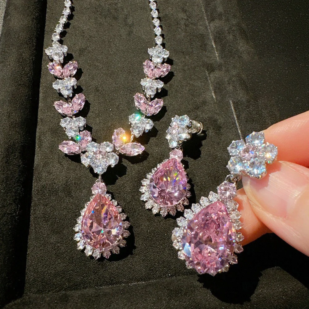 Women Pink Flower Drop Gemstone Necklace 18K Gold Plated Zircon Earrings Set
