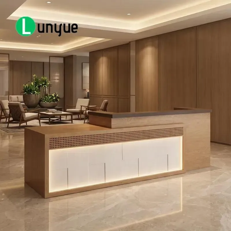 Modern Two Tier Straight Reception Desk with LED Light Custom Size Color Front Counter Table for Hotel Office Lobby Furniture