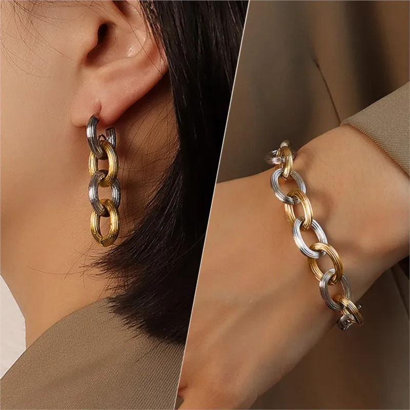 Hip-Hop Rock Style Link Chain Bracelet Earrings For Women Stainless Steel Gold Silver Color Women\'s Hand Bracelets Earring Sets