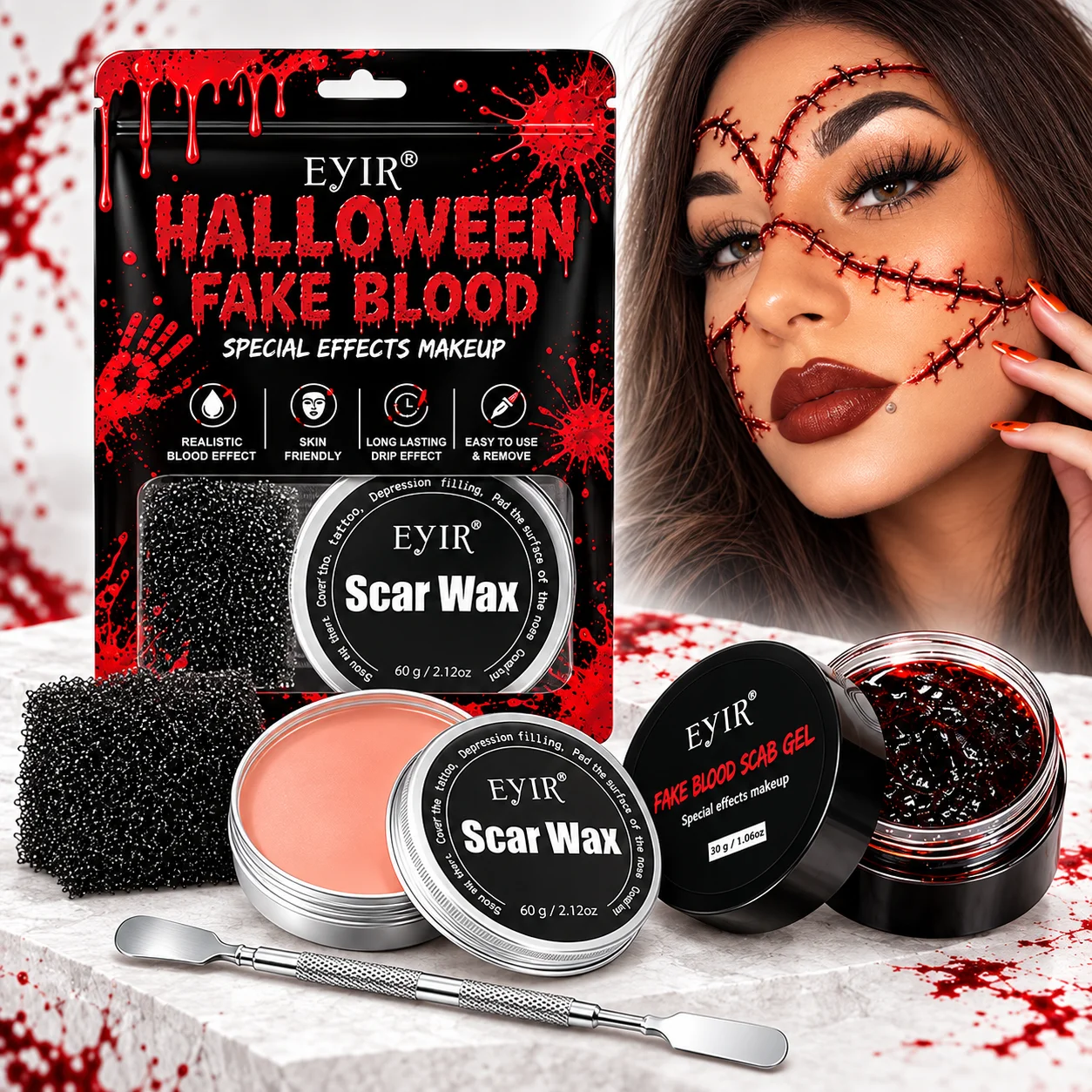 EYIR 60g Scar Wax 30g Scab Gel Halloween Special Effects Makeup Kit Fake Wound Blood Effect with Spatula Sponge Cosplay Party