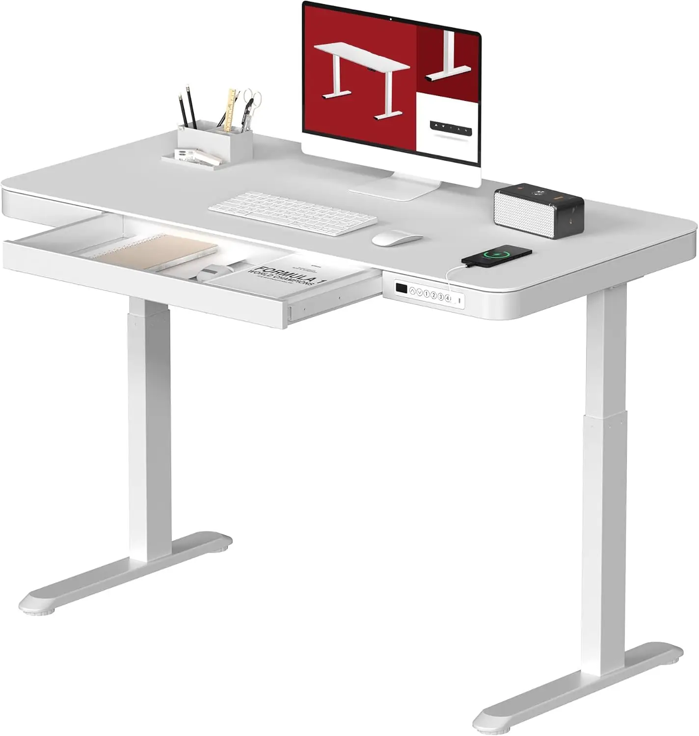 

Standing desk with drawers, electric height adjustable home desk with storage and USB ports, 48 "white wood top