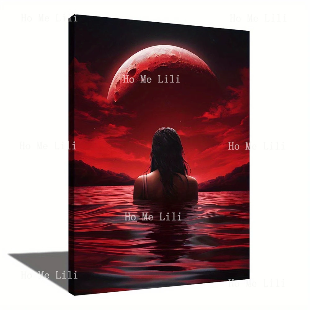 Woman Blood Moon Ocean Waves Fantasy Canvas Wall Art For Bedroom Living Room Home Office Decor