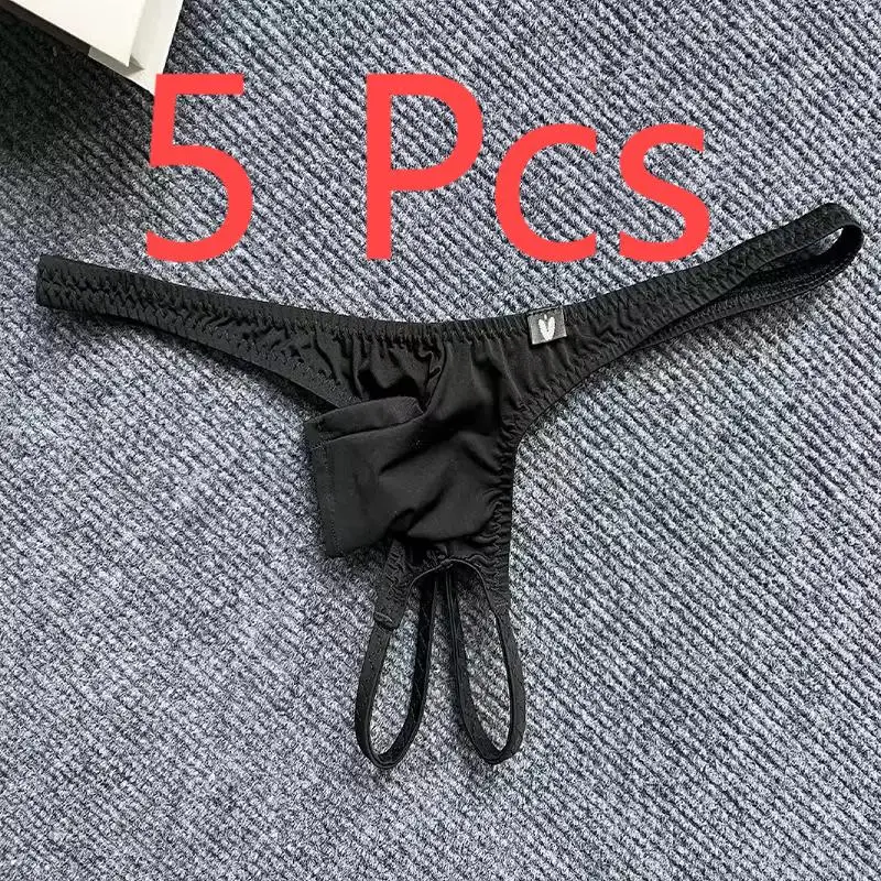 5 Pcs  Men\'s Sexy Low Waisted Thong With Short Elephant Trunk  Ice Silk Thin Cut Hollowed OutThin Straps Solid Color Underware